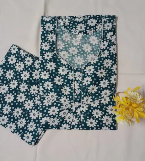 Green & White Floral Printed Cotton Nighty With Long Sleeves And Dupatta