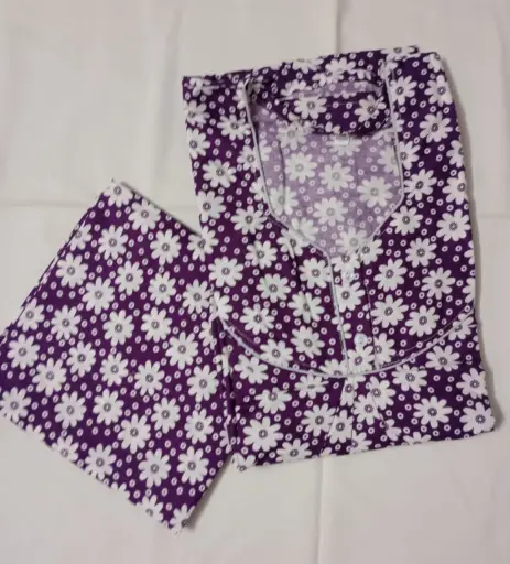 Purple & White Floral Printed Cotton Nighty With Long Sleeves And Dupatta