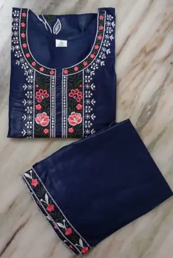 Navy Blue Embroidered Floral Thread Work Cotton Salwar Suit Set