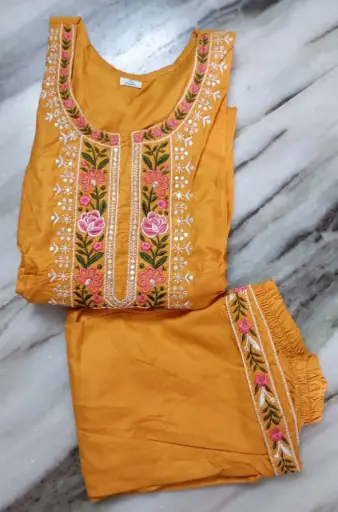 Yellow Embroidered Floral Thread Work Cotton Salwar Suit Set