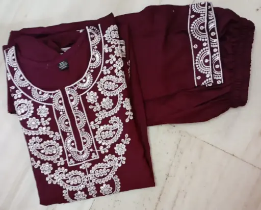 Maroon Color Embroidered Thread Work Cotton Salwar Suit Set