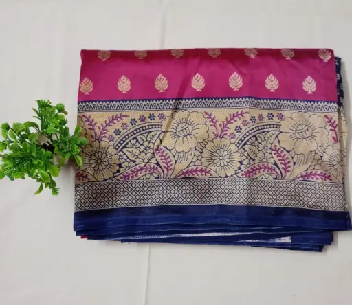  Pink & Navy Blue Korean Silk Saree with Zari Border