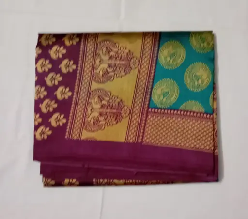 Maroon & Blue Korean Silk Saree with Zari Border
