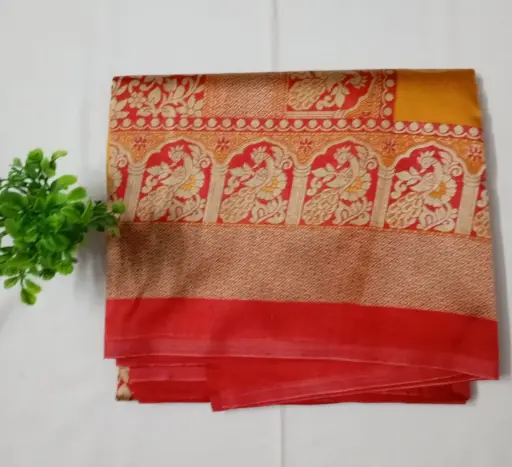 Red & Yellow Korean Silk Saree with Zari Border