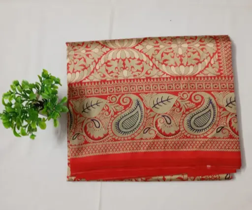 Red & White Korean Silk Saree with Zari Border