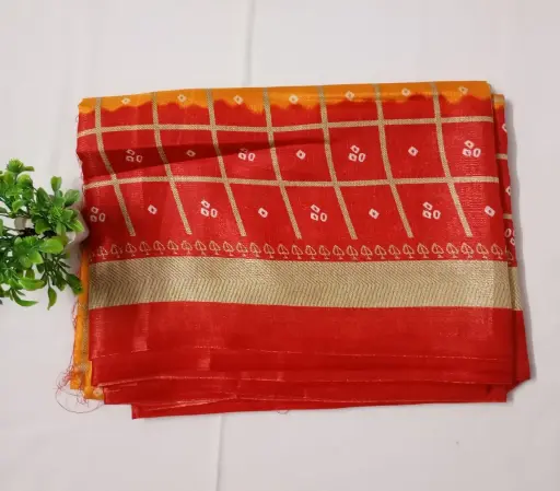 Yellow & Red Korean Silk Saree with Zari Border