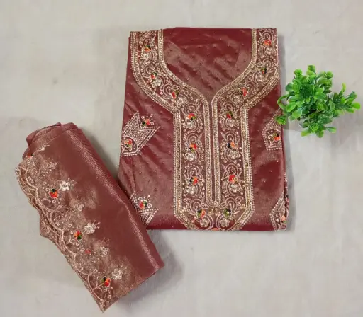 Rusty Brown Embroidered Georgette Salwar Suit with Intricate Neck and Sleeve Work