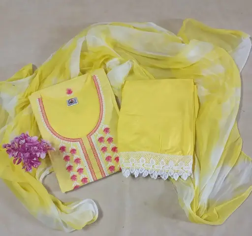 Floral Embroidered Cotton Yellow Salwar Suite Set-XXL