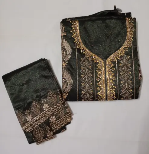 Dark Green Embroidered Georgette Salwar Suit with Intricate Neck and Sleeve Work