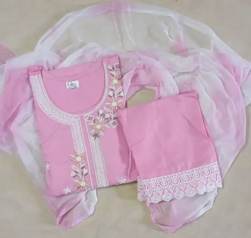 Floral Embroidered Cotton Pink Salwar Suite Set-XXL