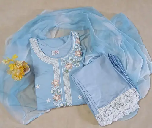 Floral Embroidered Cotton Sky Blue Salwar Suit Set-XXL