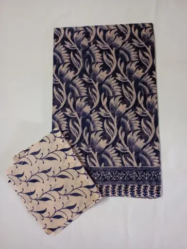 Navy Blue Color Floral Print Cotton Saree With Blouse