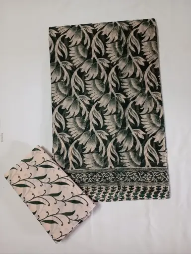 Dark Green Color Floral Print Cotton Saree With Blouse