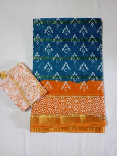 Orange and Blue Handloom Cotton Printed Saree