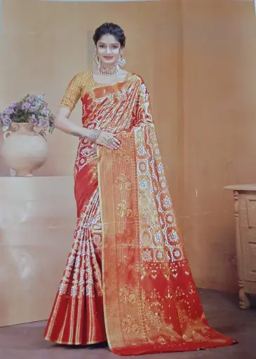 Radiant Red and Gold Designer Saree with Exquisite Zari Work