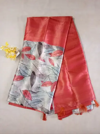 Rust Red Leaf Printed Fancy Pattu Saree 