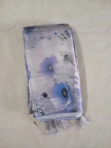 Lavender Grey Fancy Pattu Saree with Blue Floral & Butterfly Print