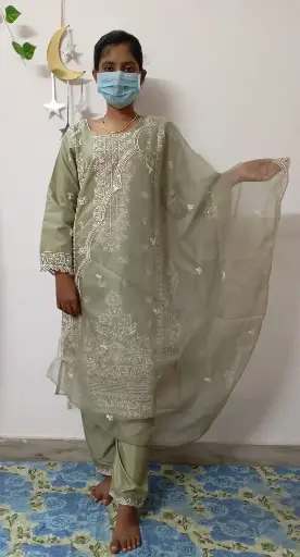 Sage Green Embroidered Organza Salwar Suit with Dupatta - XL Size