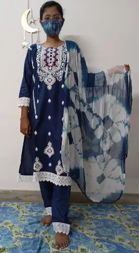 Cotton Navy Blue Embroidered Salwar Suit Set with Tie-Dye Dupatta - XXL size