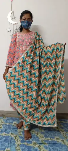 Stylish Peach Pink Embroidered Gharara Set with Multi-Color Zigzag Dupatta - XL size