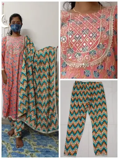 Stylish Peach Pink Embroidered Salwar Suit Set with Multi-Color Zigzag Dupatta - XL Size