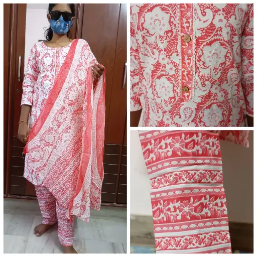 Women’s Cotton Kurta Set with Dupatta | Pink & White Floral Print | 