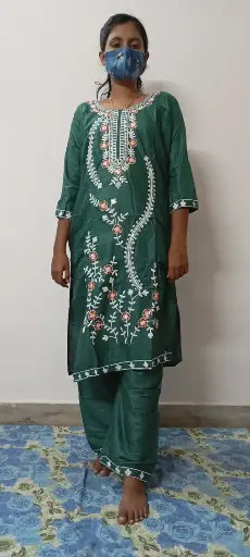 Green Floral Embroidered Cotton Kurta Set - 2 Piece Set - XXL Size