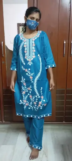 Teal Blue Floral Embroidered Cotton Kurta Set -  2 Piece Set - XXL Size