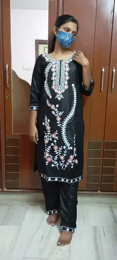 Black Floral Embroidered Cotton Kurta Set - 2 Piece Set - XXL Size