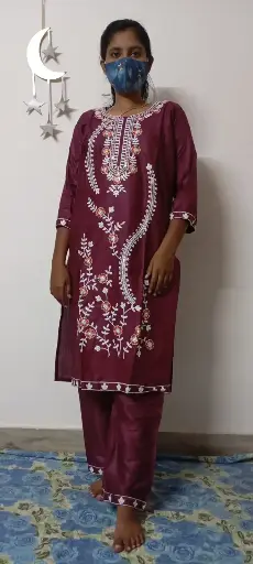 Maroon Floral Embroidery Cotton Kurta Set - 2 Piece Set - XXL Size