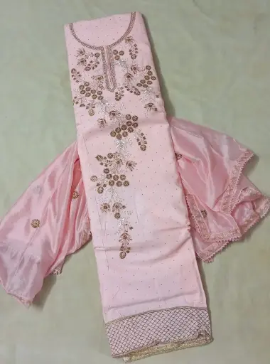 Elegant Baby Pink Embroidered Jam cotton Dress material with Sequin and Thread Work 