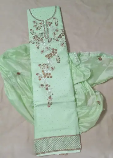 Elegant Pista Green Color Embroidered Jam Cotton Dress Material with Sequin and Thread Work 