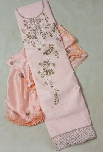 Elegant Peach Color Embroidered Jam Cotton Dress Material with Sequin and Thread Work