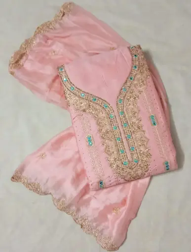 Elegant Peach Embroidered Jam Cotton Dress Material with Stone Work