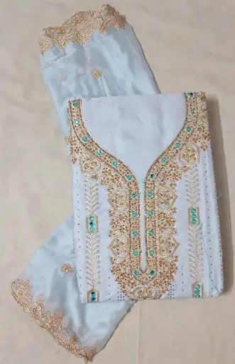 Graceful Sky Blue Embroidered Jam Cotton Dress Material with Golden Zari and Stone Work
