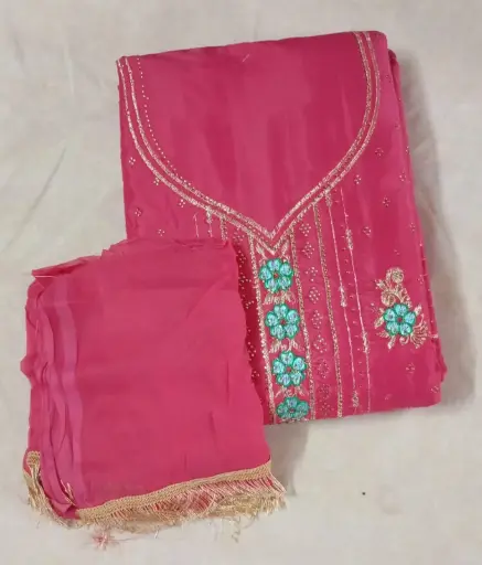 Radiant Rani Pink Embroidered Dress Material with Floral Thread Work & Dupatta