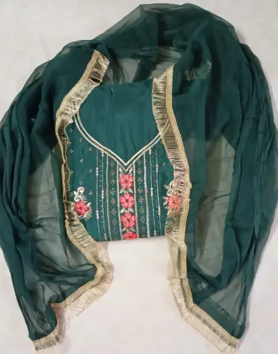 Designer Dark Green Embroidered Dress Material with Floral Thread Work and Net Dupatta