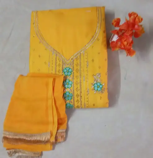 Bright Yellow Embroidered Dress Material with Floral Thread Work and Golden Border Dupatta
