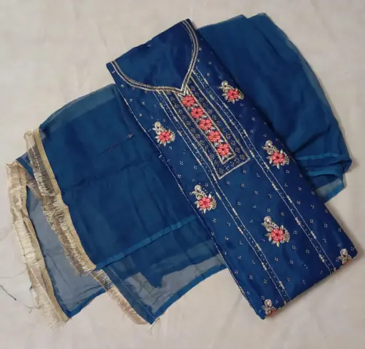 Royal Blue Embroidered Dress Material with Golden Detailing and Floral Dupatta