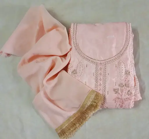 Elegant Peach Embroidered Crepe Silk Dress Material