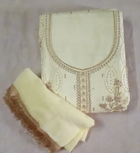 Elegant Cream Yellow Embroidered Crepe Silk Dress Material