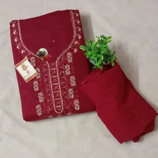 Rich Maroon Embroidered Jam Cotton Dress Material with Sequin Detailing 