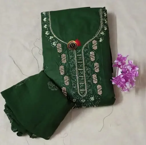 Dark Green Embroidered Jam Cotton Dress Material with Sequin Detailing