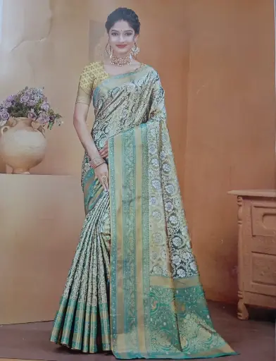 Elegant Green Designer Silk Saree with Floral Golden Zari Work
