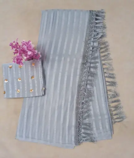 Grey Striped Soft Silk Saree with Designer Tassel Border & Sequin Work Blouse – Party & Festive Wear