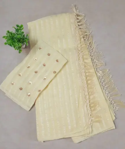 Yellow Striped Soft Silk Saree with Designer Tassel Border & Sequin Work Blouse – Party & Festive Wear