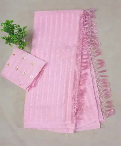 Pink Striped Soft Silk Saree with Designer Tassel Border & Sequin Work Blouse – Party & Festive Wear