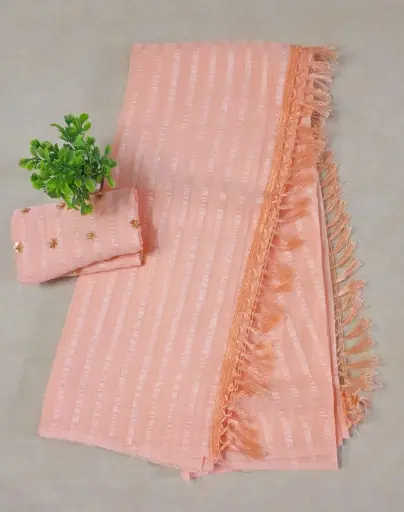 Peach Color Striped Soft Silk Saree with Designer Tassel Border & Sequin Work Blouse – Party & Festive Wear