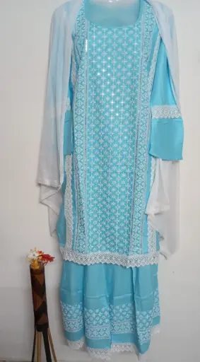 Blue Embroidered Cotton Salwar Suit Set with White Lace Detailing – XXL