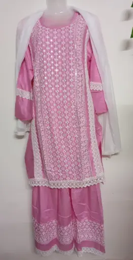 Pink Cotton Salwar Suit Set for Women with Embroidered Kurti & Lace Detailing – Ready to Wear Ethnic Set – XXL